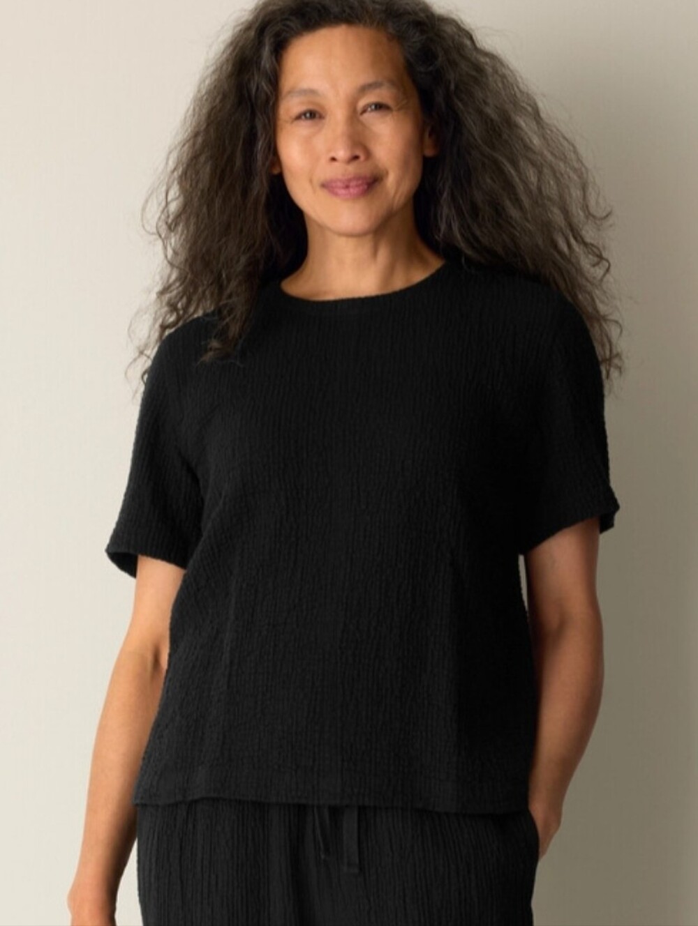 Eileen Fisher Organic Cotton Doubleweave Round Neck Top Black XL Oversized